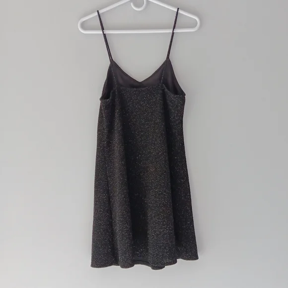 Angie Slip Mini Dress Black Silver Metallic Shimmer Spaghetti Strap Low V Medium - Picture 3 of 14